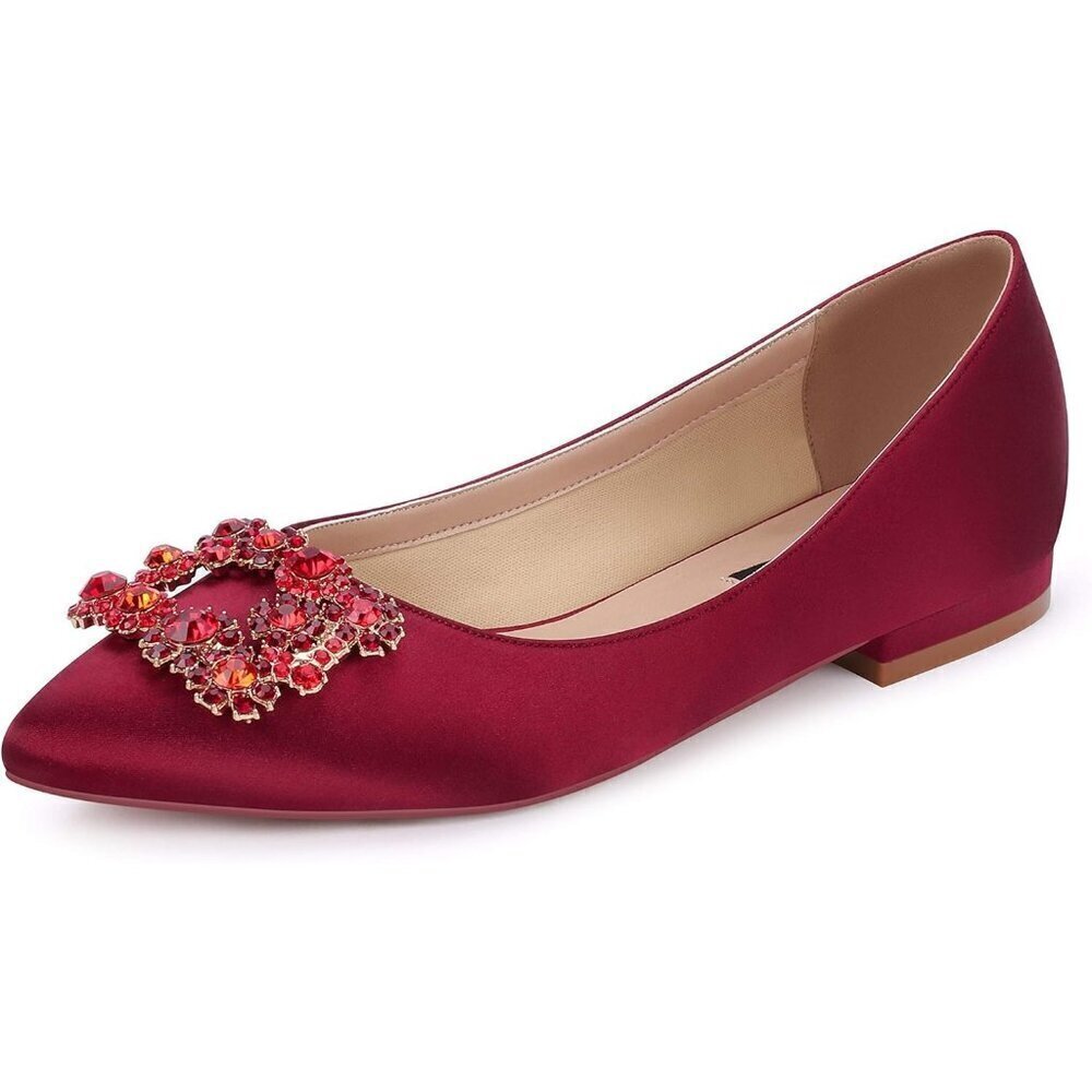 Erijunor Flat Shoes Women Red Satin Rhinestone  Pointy Toe Slip On Comfort Shoes